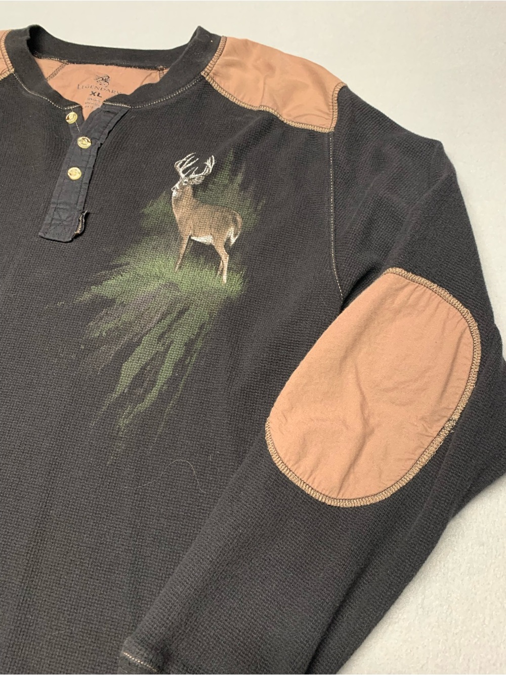 Men's Black Thermal Henley Sweater with Deer Graphic and Tan Elbow Patches